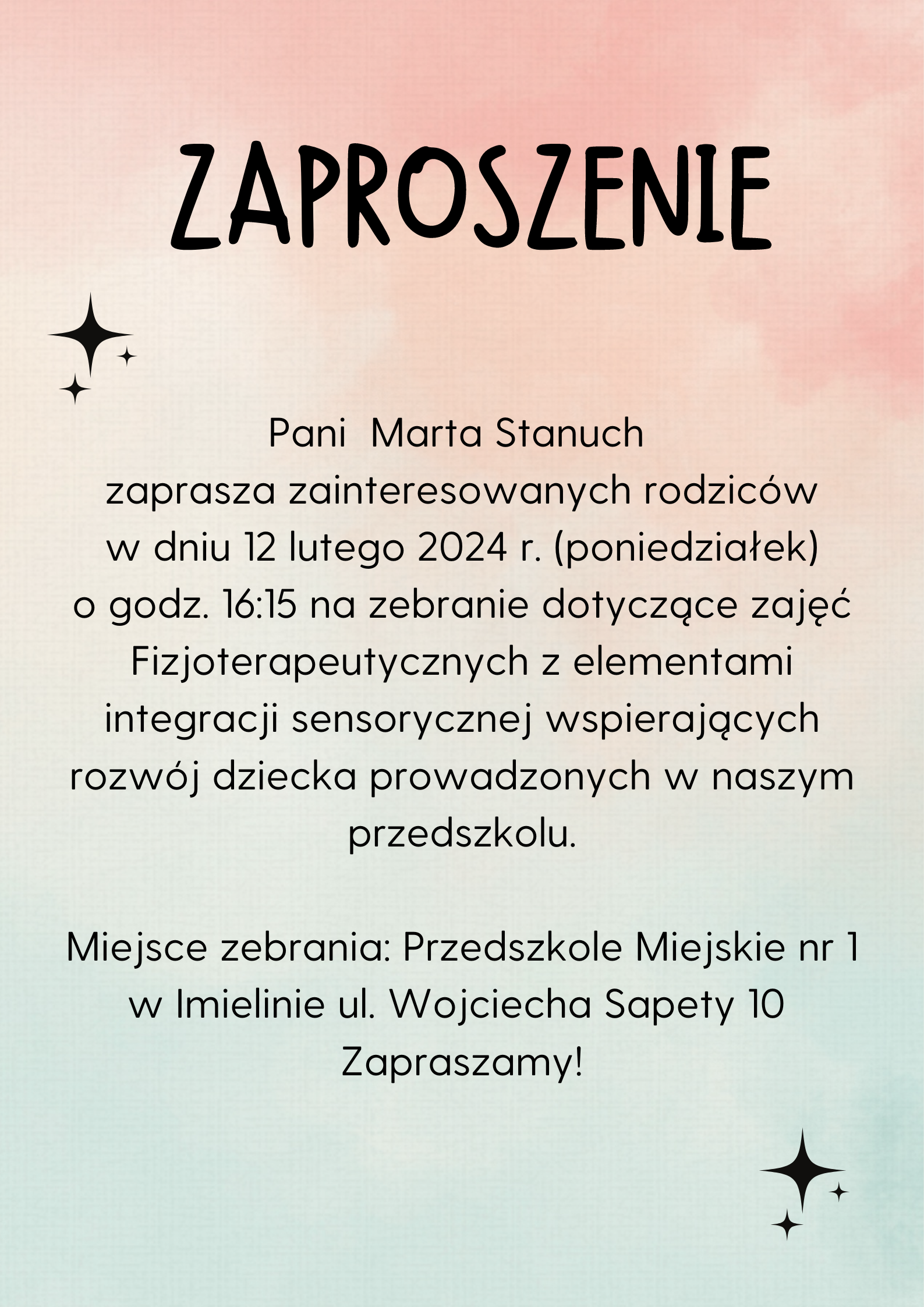 Zebranie dotyczące zajęć fizjoterapeutycznych z elementami integracji sensorycznej